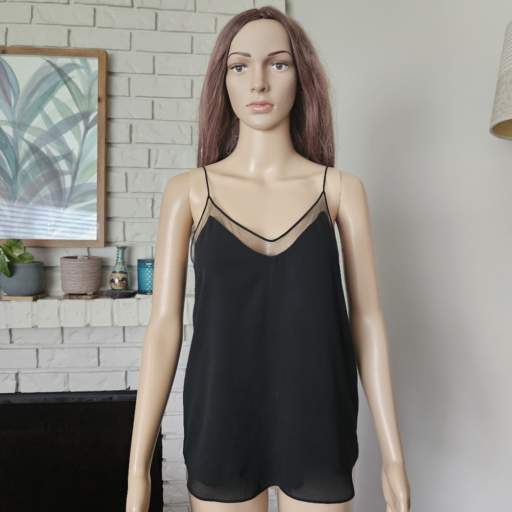 Atitzia Babaton Black Sheer Trim Cami Top Sleeveless V Neck Lined